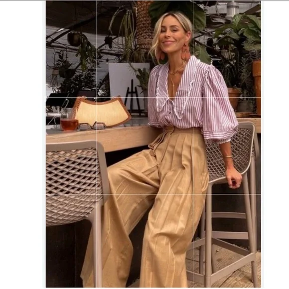 Free People Bexley Cotton Striped Blouse Button Up Puffed Sleeve Lace NEW M - Picture 14 of 15